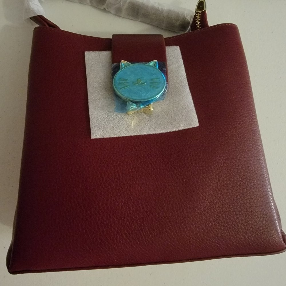 Cat Face Crossbody Bag Burgundy Faux Leather Mini Purse Whimsical Novelty